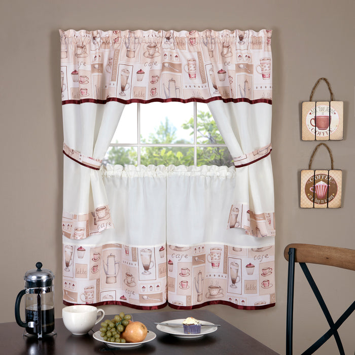 Embellished Cottage Window Curtain Set with Chefs Design, 5-Piece, Cappuccino Style - 58x36