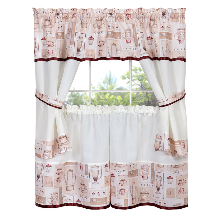 Embellished Cottage Window Curtain Set with Chefs Design, 5-Piece, Cappuccino Style - 58x36