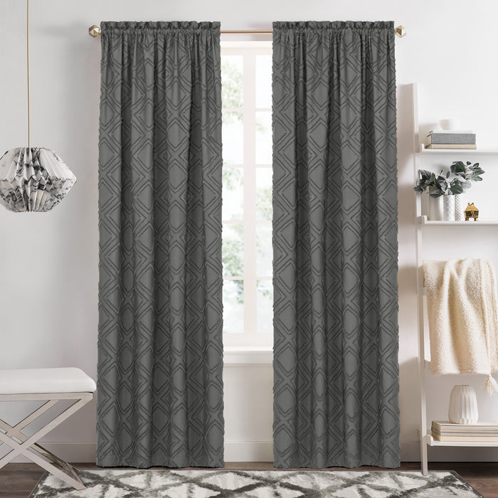 Blake Rod Pocket Window Curtain Panel - 42 Inches Width - Light Filtering - Machine Washable - Geometric Diamond Clipped Design - Textiles & Soft Furnishings - 42x63 - Charcoal