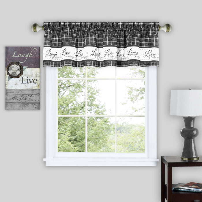 Window Curtain Valance - Live, Love, Laugh - Polyester Fabric - Easy Installation - Machine Washable - Charcoal