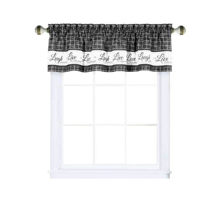 Window Curtain Valance - Live, Love, Laugh - Polyester Fabric - Easy Installation - Machine Washable - Charcoal