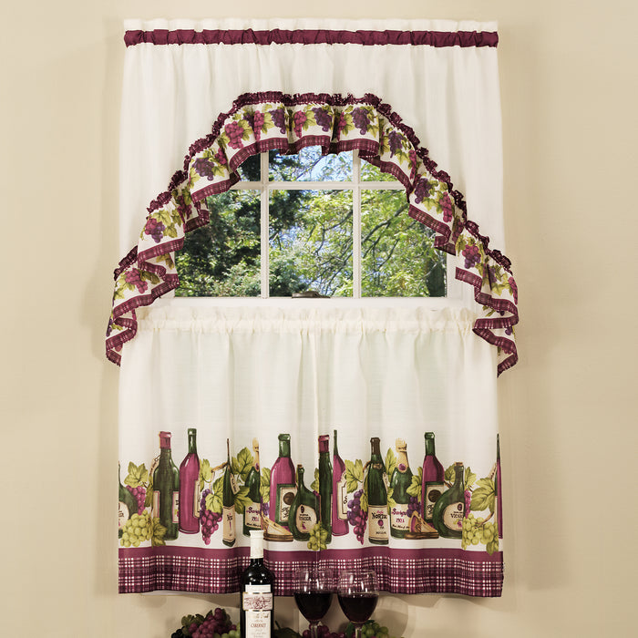 Printed Tier and Swag Window Curtain Set - 57x24 - Burgundy