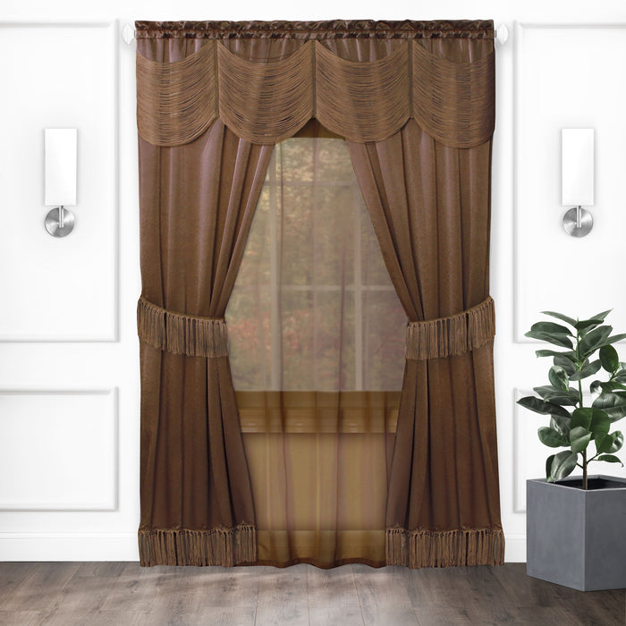 Halley 6 Piece Window Curtain Set with Rod Pockets - Soft and Stylish Polyester Curtains with Tassel Detailing and Tiebacks - Budget-Friendly Household Textiles - Chocolate - 56x63