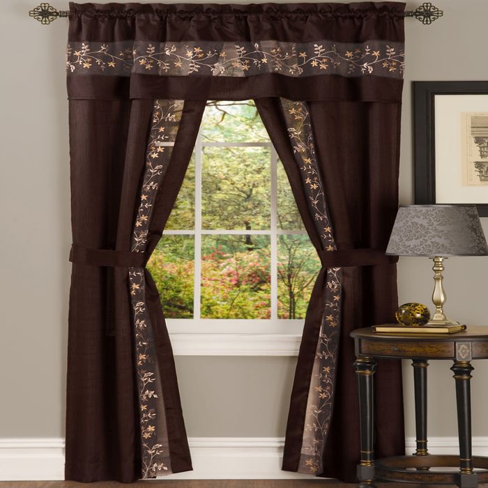 Fairfield 5 Piece Window Curtain Set with Embroidered Sheer Stripe and Attached Valance - Chocolate - 55x84