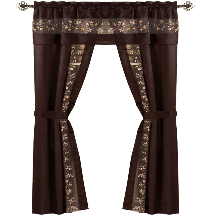 Fairfield 5 Piece Window Curtain Set with Embroidered Sheer Stripe and Attached Valance - Chocolate - 55x84