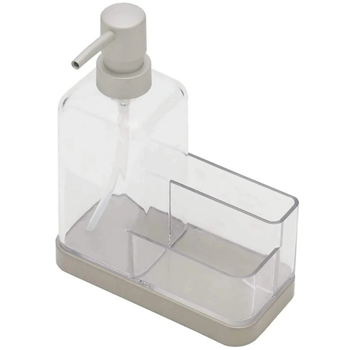 13.5 oz. Plastic Soap Dispenser with Sponge Compartment | 2 Compartments | Neutral Color | Pump and Caddy Match | Use in Kitchen or Bathroom - Clear/Nickel