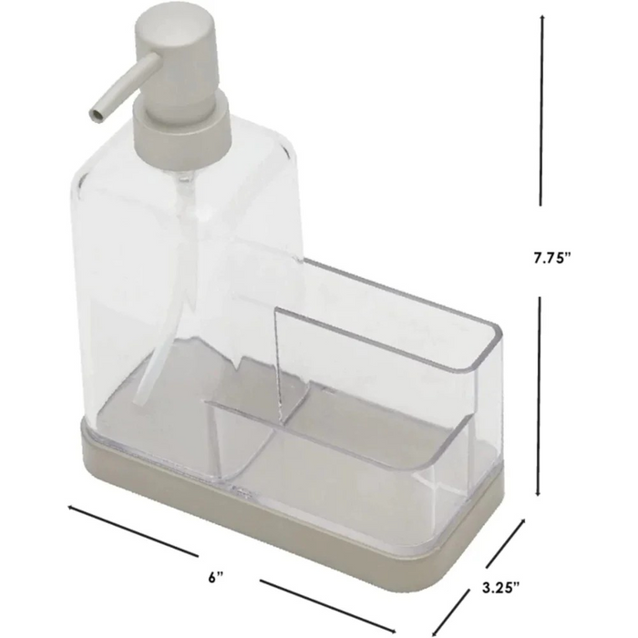 13.5 oz. Plastic Soap Dispenser with Sponge Compartment | 2 Compartments | Neutral Color | Pump and Caddy Match | Use in Kitchen or Bathroom - Clear/Nickel