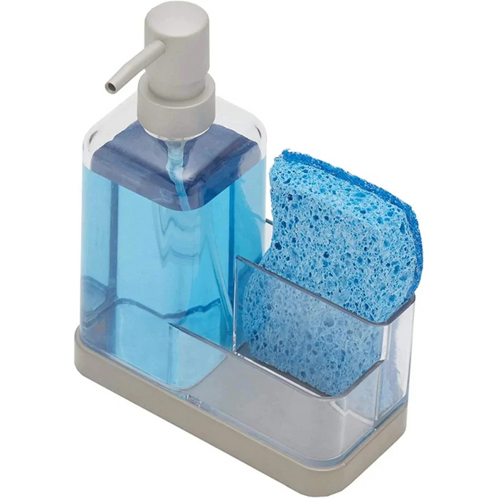 13.5 oz. Plastic Soap Dispenser with Sponge Compartment | 2 Compartments | Neutral Color | Pump and Caddy Match | Use in Kitchen or Bathroom - Clear/Nickel