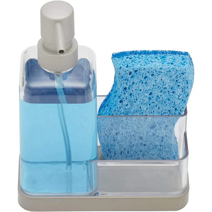 13.5 oz. Plastic Soap Dispenser with Sponge Compartment | 2 Compartments | Neutral Color | Pump and Caddy Match | Use in Kitchen or Bathroom - Clear/Nickel