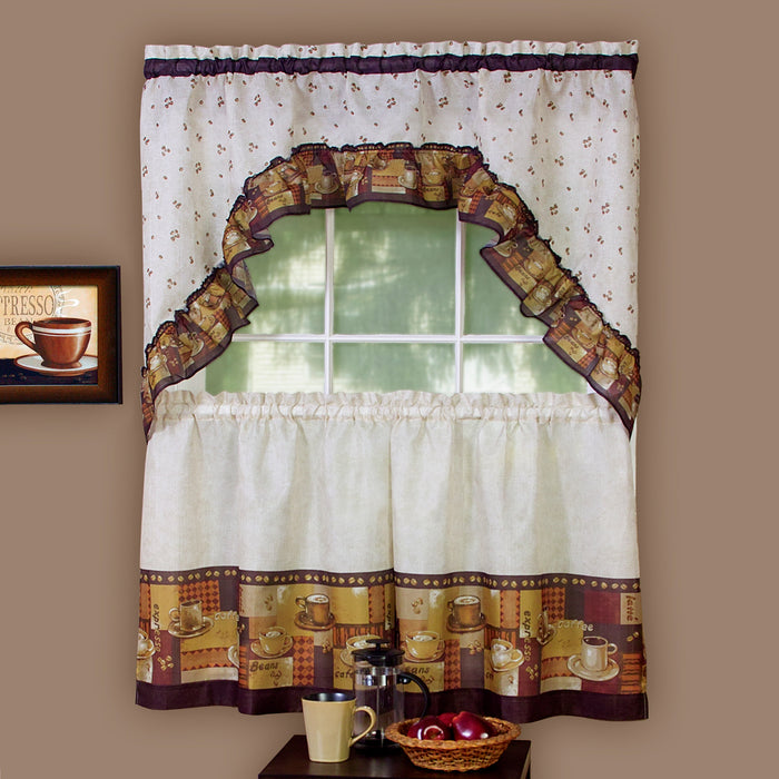 Printed Tier and Swag Window Curtain Set - 57x24 - Print Coffee