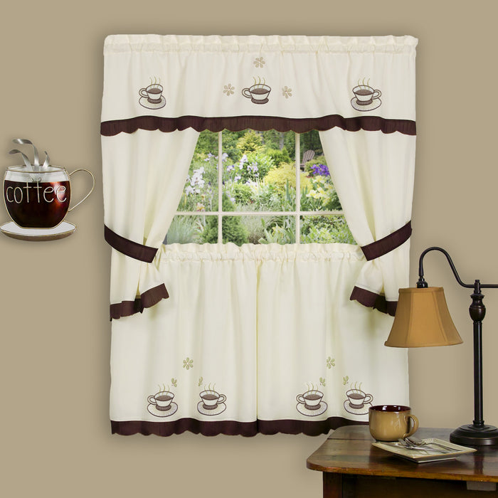 Embellished Cottage Window Curtain Set with Chefs Design, 5-Piece, Cuppa Joe Style - 58x36