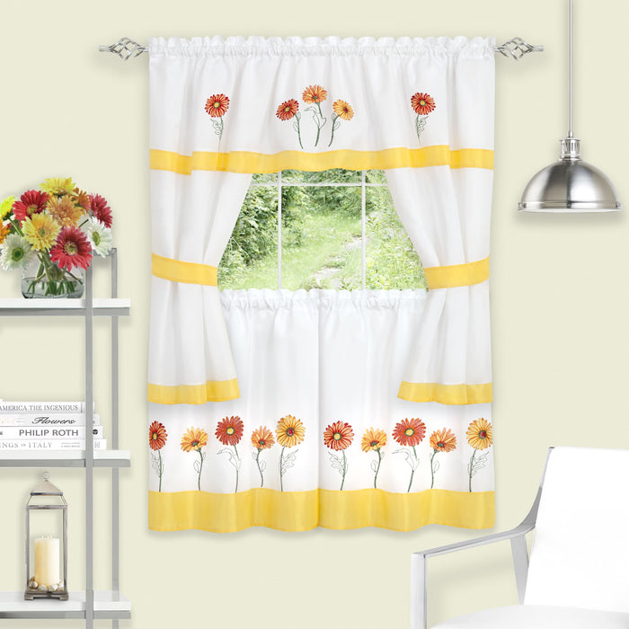 Embellished Cottage Window Curtain Set with Chefs Design, 5-Piece, Gerbera Daisy Style - 58x36