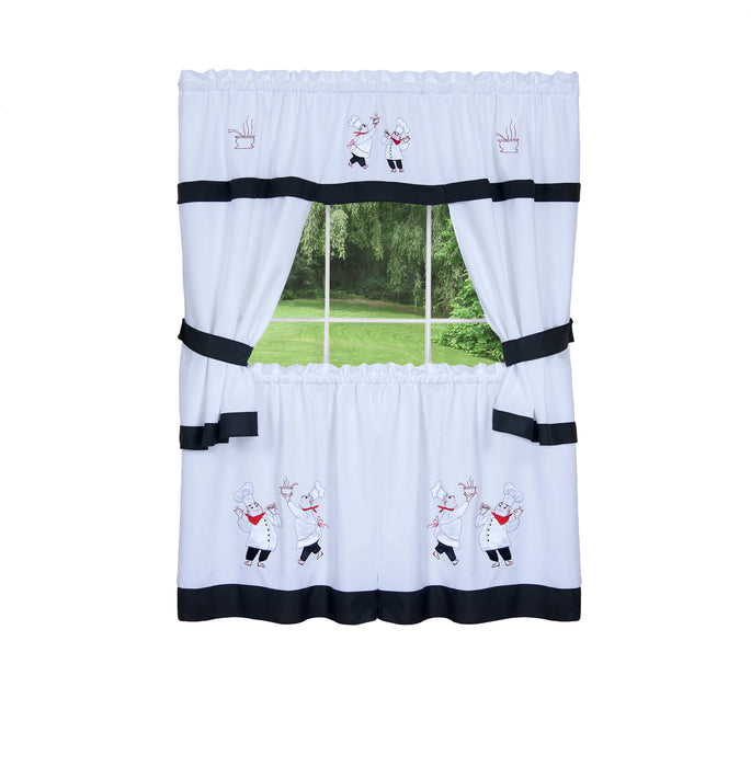 Embellished Cottage Window Curtain Set with Chefs Design, 5-Piece, Gourmet Style - 58x36