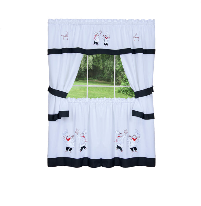 Embellished Cottage Window Curtain Set with Chefs Design, 5-Piece, Gourmet Style