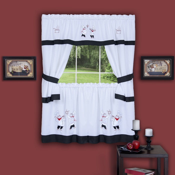 Embellished Cottage Window Curtain Set with Chefs Design, 5-Piece, Gourmet Style - 58x36