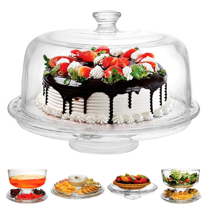 Extra Large (12") 6 in 1 Cake Stand with Dome Lid Multifunctional Serving Platter and Cake Plate, Salad/Punch Bowl/Dessert/Chips & Dip - BPA Free