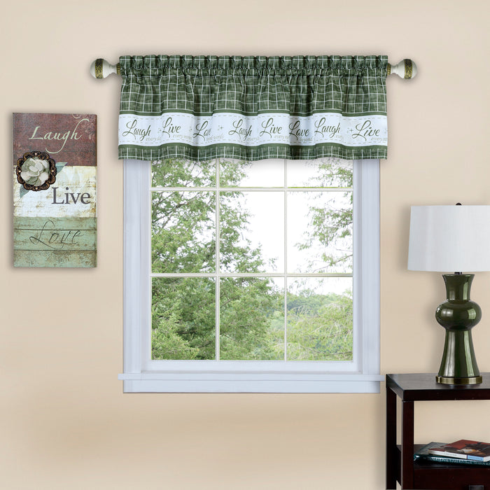 Window Curtain Valance - Live, Love, Laugh - Polyester Fabric - Easy Installation - Machine Washable - Green