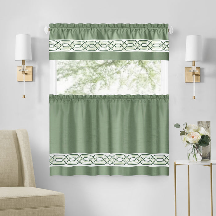 Paige Tier and Valance Window Curtain Set - Complete Ensemble with 58-Inch Width - Green - 55x36