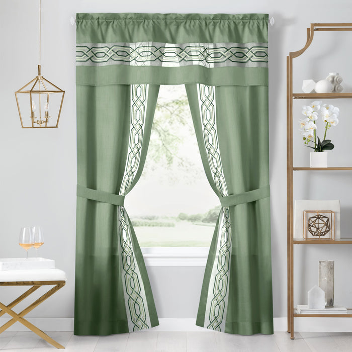 Paige 5 Piece Window Curtain Set - Valance, Panels, and Tie Backs Included - Green - 55x63