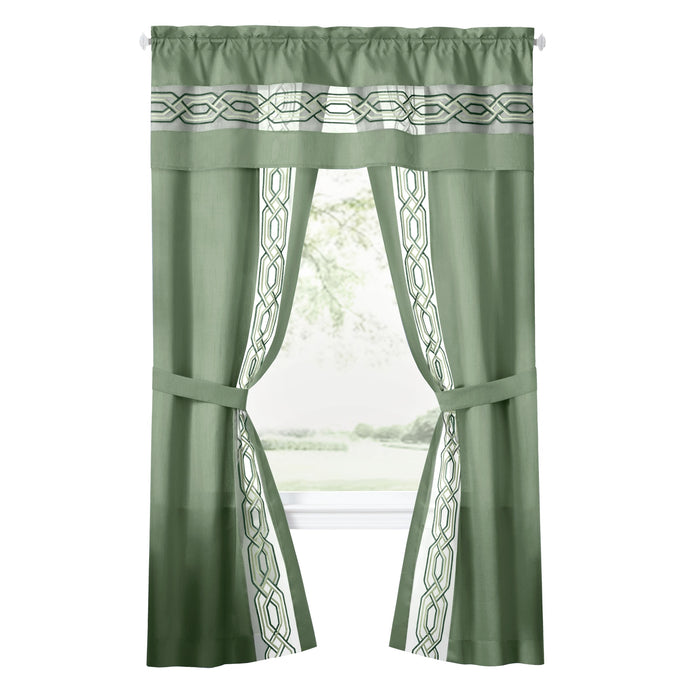 Paige 5 Piece Window Curtain Set - Valance, Panels, and Tie Backs Included - Green - 55x63