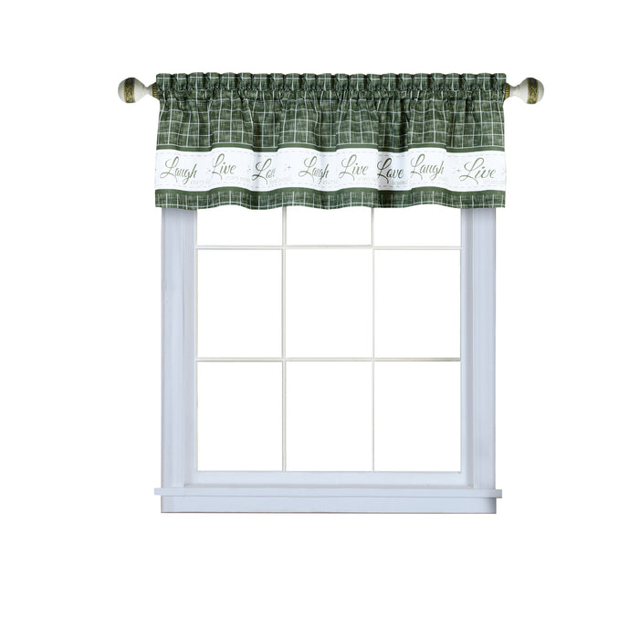 Window Curtain Valance - Live, Love, Laugh - Polyester Fabric - Easy Installation - Machine Washable - Green