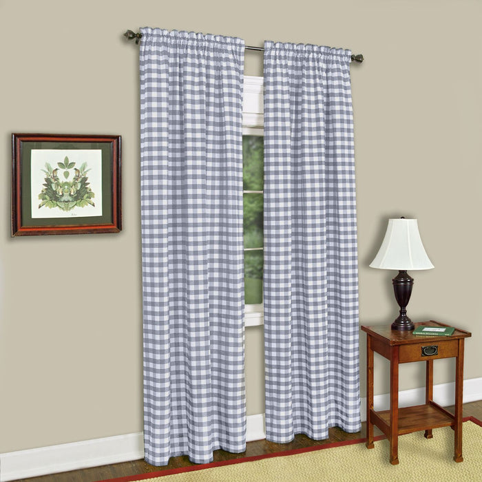 Buffalo Check Window Curtain Panel, 42 Inches Width, Light Filtering, Easy-Care Blend, Sold Separately - Grey - 42x63