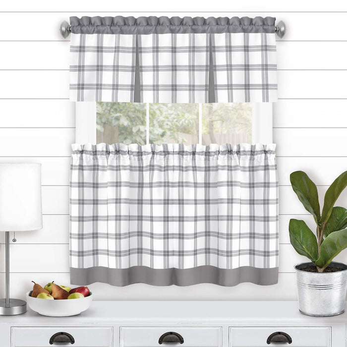 Tate Tier and Valance Window Set - Plaid Window Curtains with 53" Valance Width - Grey - 58x24