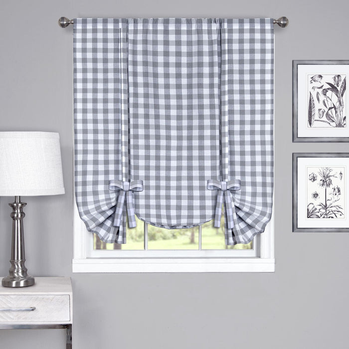 Buffalo Check Window Curtain Tie Up Shade, 42 Inches Wide, Light Filtering Effect, Easy Care Blend - Grey