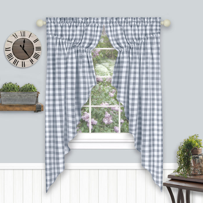 Check Gathered Swag Window Curtain Pair - Light Filtering Effect - Buffalo Style - 72x63 - Grey