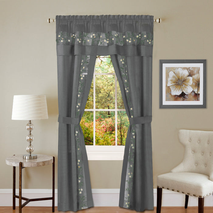 Fairfield 5 Piece Window Curtain Set with Embroidered Sheer Stripe and Attached Valance - Grey - 55x63