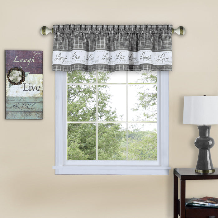 Window Curtain Valance - Live, Love, Laugh - Polyester Fabric - Easy Installation - Machine Washable - Grey