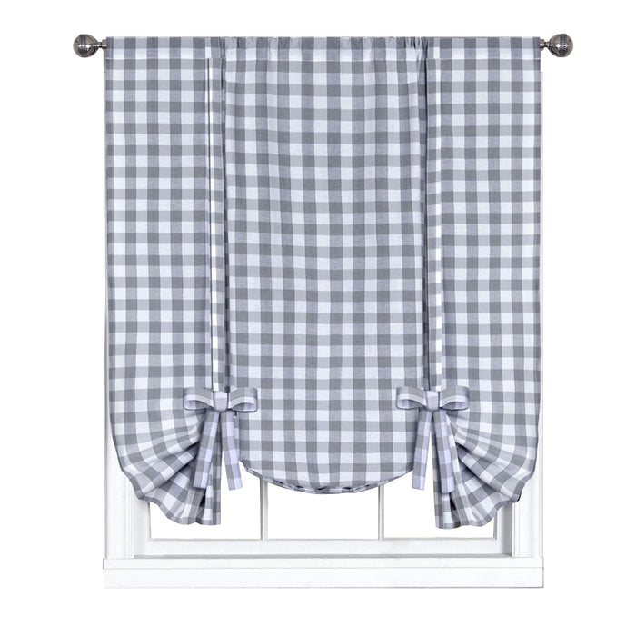 Buffalo Check Window Curtain Tie Up Shade, 42 Inches Wide, Light Filtering Effect, Easy Care Blend - Grey