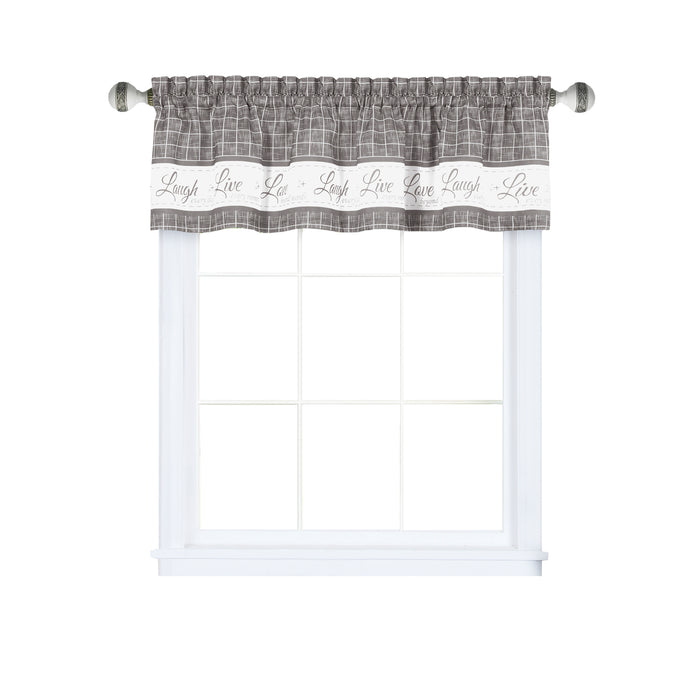 Window Curtain Valance - Live, Love, Laugh - Polyester Fabric - Easy Installation - Machine Washable - Grey