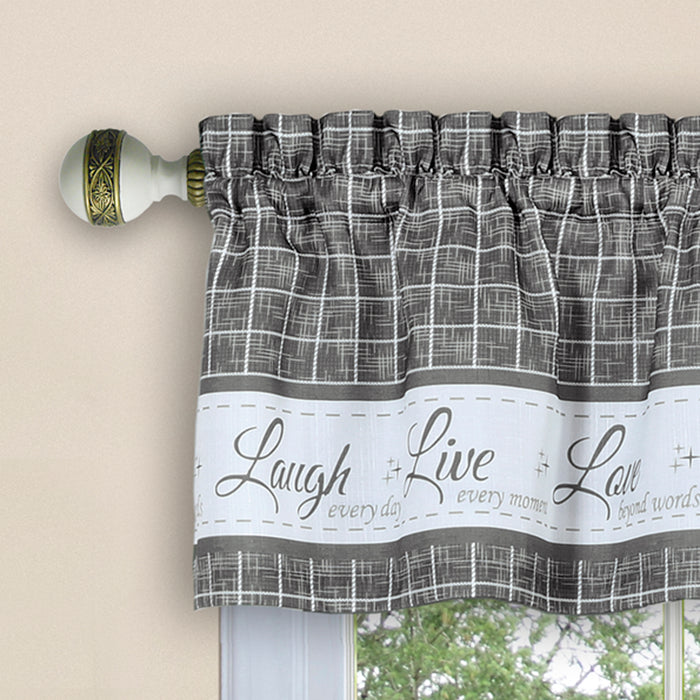 Window Curtain Valance - Live, Love, Laugh - Polyester Fabric - Easy Installation - Machine Washable - Grey