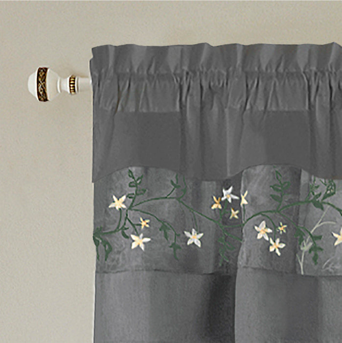 Fairfield 5 Piece Window Curtain Set with Embroidered Sheer Stripe and Attached Valance - Grey - 55x63