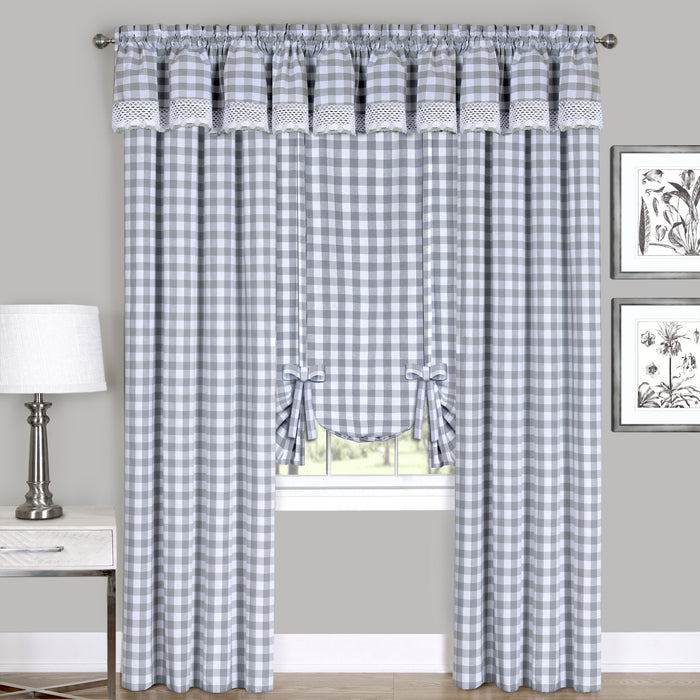 Buffalo Check Window Curtain Tie Up Shade, 42 Inches Wide, Light Filtering Effect, Easy Care Blend - Grey