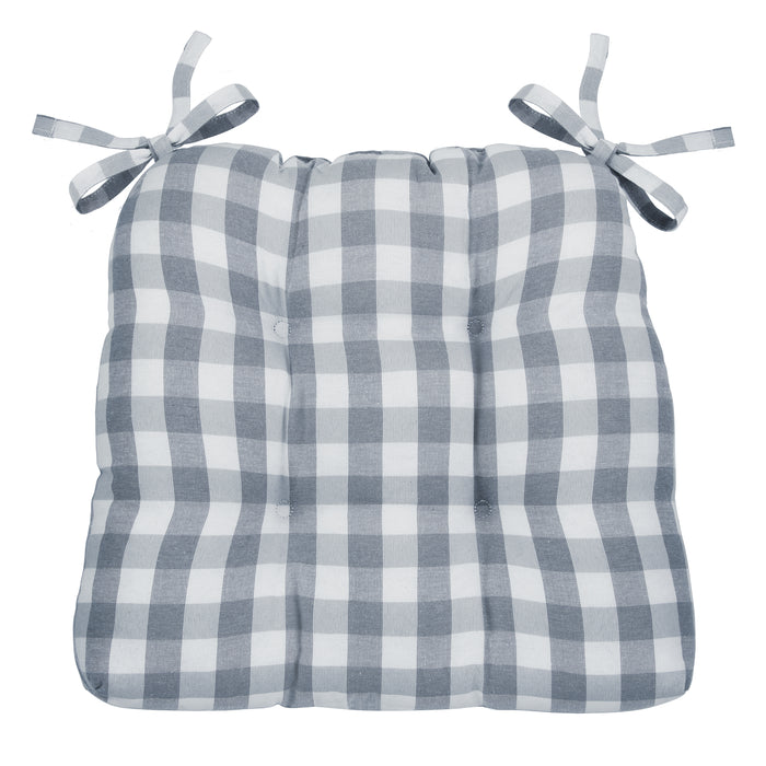 Check Tufted Chair Seat Cushions - Set of 2 with Stain-Repellent Poly-Cotton Fabric - Grey
