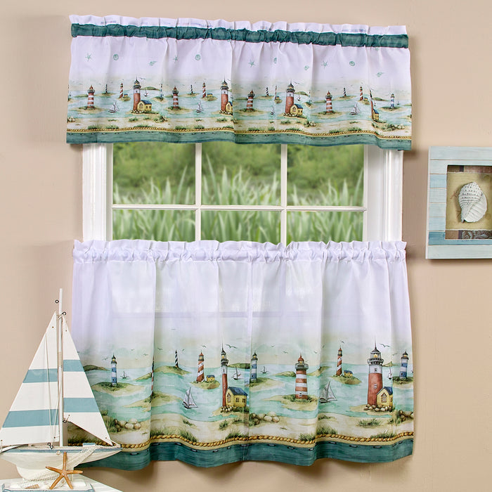 Hamptons Tier and Valance Window Curtain Set - Lighthouses, Sand and Sea Scenes - 3-Piece Set