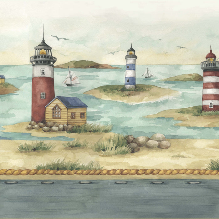 Hamptons Tier and Valance Window Curtain Set - Lighthouses, Sand and Sea Scenes - 3-Piece Set