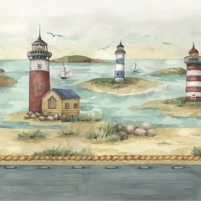 Hamptons Tier and Valance Window Curtain Set - Lighthouses, Sand and Sea Scenes - 3-Piece Set - 58x36