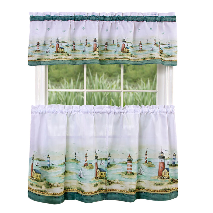 Hamptons Tier and Valance Window Curtain Set - Lighthouses, Sand and Sea Scenes - 3-Piece Set - 58x24