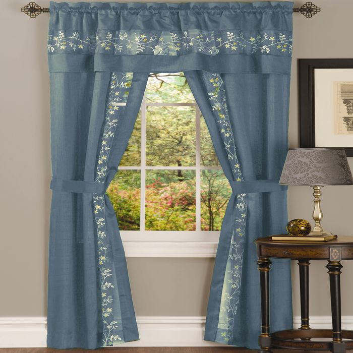 Fairfield 5 Piece Window Curtain Set with Embroidered Sheer Stripe and Attached Valance - Ice Blue - 55x63