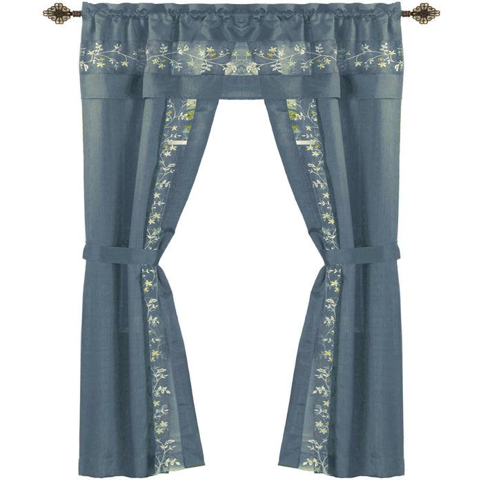 Fairfield 5 Piece Window Curtain Set with Embroidered Sheer Stripe and Attached Valance - Ice Blue - 55x84