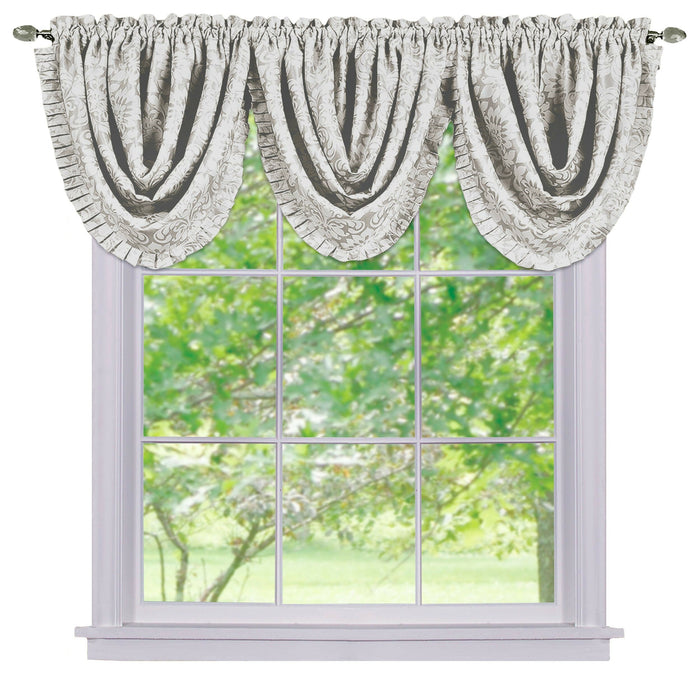 Sutton Waterfall Valance - Soft Damask Fabric, 1.5 Inch Rod Pocket, Machine Washable Polyester Material - Curtains - Ivory