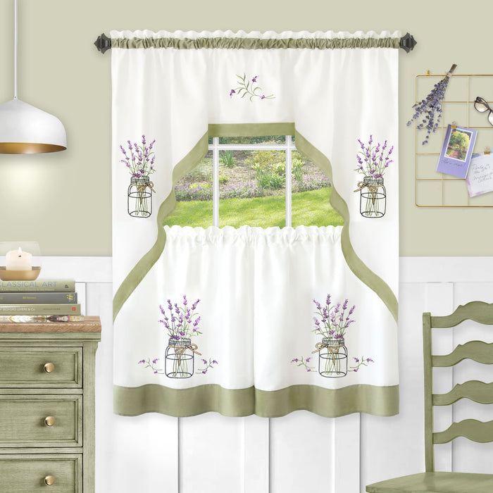 Embellished Tier and Swag Curtain Set - Lavender, Sage Green Bottom Border, Mason Jars, Tan Bows, Polyester, Machine Washable, Easy Installation - 58x36