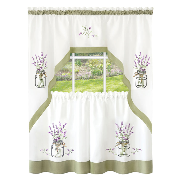 Embellished Tier and Swag Curtain Set - Lavender, Sage Green Bottom Border, Mason Jars, Tan Bows, Polyester, Machine Washable, Easy Installation - 58x36