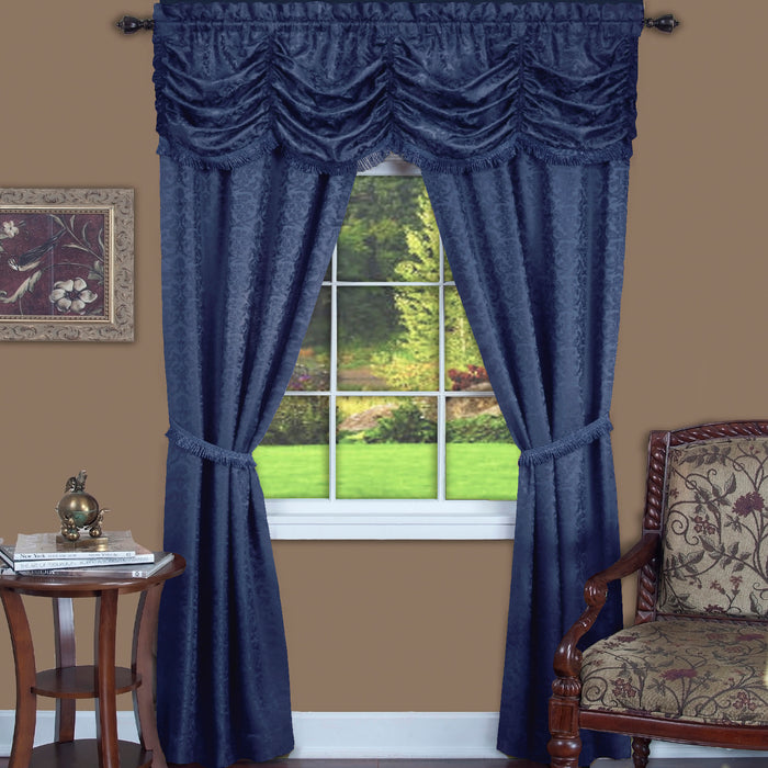 Panache 5 Piece Window Curtain Set - Austrian Valance, Damask Jacquard Fabric & Fringe - Navy - 55x84