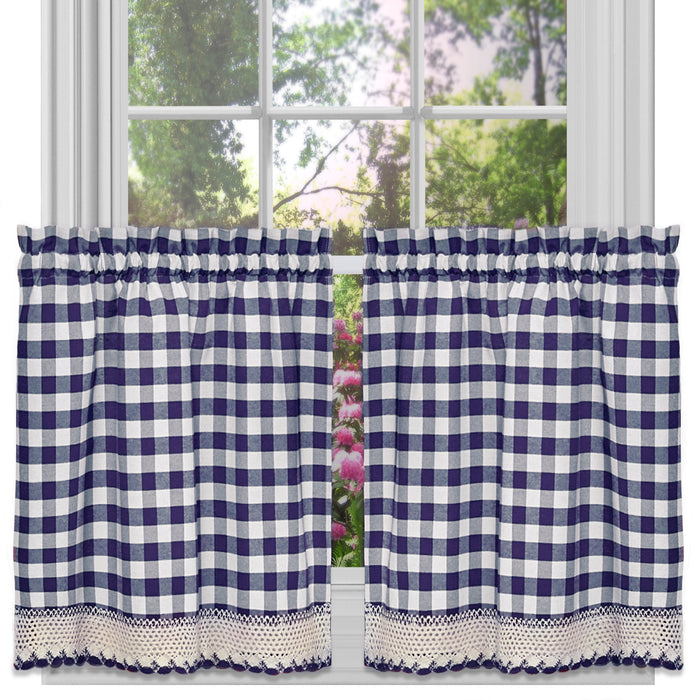 Check Window Curtain Tier Pair - Buffalo, 58 Inches Width, 2 Tiers, Light Filtering, Polyester Cotton Blend - Navy - 58x24