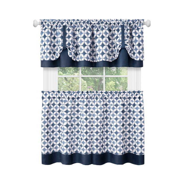 Window Curtain Tier Pair and Valance Set - Navy - 58x24 -geometric-patterned