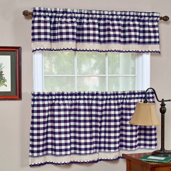 Check Window Curtain Tier Pair - Buffalo, 58 Inches Width, 2 Tiers, Light Filtering, Polyester Cotton Blend - Navy - 58x24